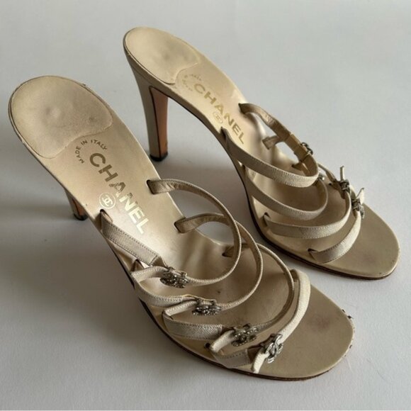 Rare Chanel Iconic "CC" Rhinestone Metallic Leather Sandal Heels size 40 - Picture 9 of 13